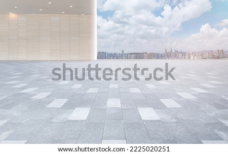Empty brick square floor with panoramic city skyline and buildings Royalty-Free Stock Photo #2225020251