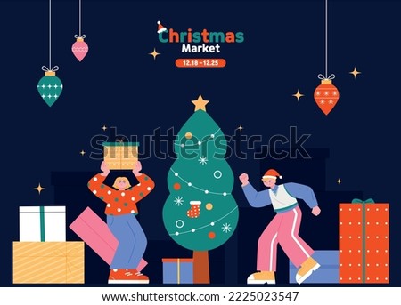 A boy and a girl are having fun with a large gift box. Dark background Christmas. flat vector illustration.