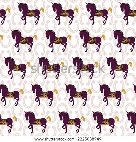 Abstract Horse Silhouettes Horse Shoes Backdrop Seamless Pattern Trendy Fashion Colors Detailed Minimal Icon Design Perfect for Allover Fabric Print or Wrapping Paper Dark Purple Tones