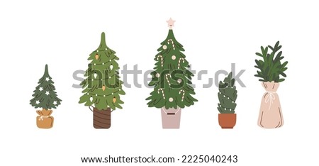 Christmas trees set. Traditional holiday firs with ornament in pot, green pine branches in craft paper, Xmas spruce with festive decoration. Flat vector illustrations isolated on white background