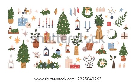 Christmas decorations set. Winter holiday elements, stuff bundle. Xmas ornaments, decor, fir wreath, festive tree, gift box, candles and socks. Flat vector illustrations isolated on white background