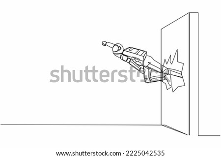 Single one line drawing young astronaut punch and break the wall. Flying spaceman breaks the wall in moon surface. Cosmic galaxy space concept. Continuous line draw graphic design vector illustration
