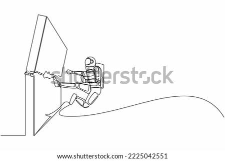 Single one line drawing young astronaut doing kungfu or karate flying kick to destroy brick wall. Success in space exploration. Cosmic galaxy space. Continuous line graphic design vector illustration