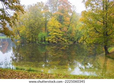 Autumn day in the park. Gold autumn. Trees and lake.
