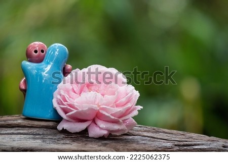 Pink damask rose and couple ceramic on nature background.