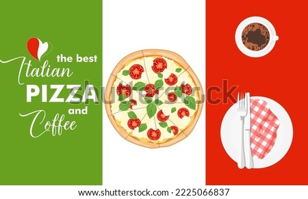 Hot coffee and pizza Margarita on the background of the Italian flag. Italian fast food. Italy snack with tomatoes, basil and mozzarella cheese. Flat vector illustration