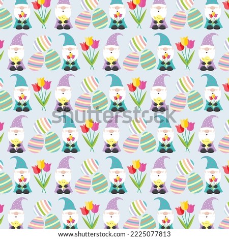 Easter seamless pattern with gnomes, eggs and tulips