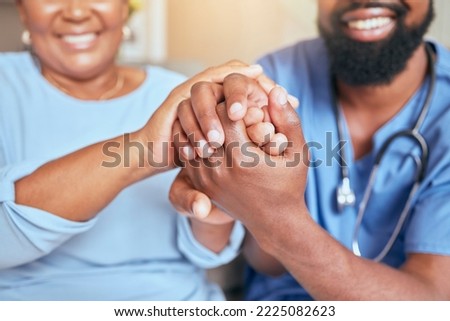 Nurse, holding hands and patient support, kind and care with doctor giving black woman care for diagnosis or treatment. Console, trust and compassion with gp or nursing staff in healthcare hold hand Royalty-Free Stock Photo #2225082623