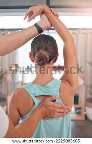 Man, woman or physiotherapy on arm injury, back tension or shoulder nerve pressure on sports athlete or personal trainer coach. Physiotherapist, healthcare worker or employee in physical therapy help Royalty-Free Stock Photo #2225083605