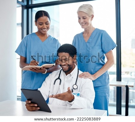 People in hospital, medical team meeting doctor or digital innovation in healthcare with professional advice. Black man in expert career, results of experiment test or nurse group research medicine