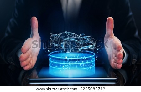 Concept Development design and sales in the automotive industry. Engineer demonstrates the concept of a new car to investors.