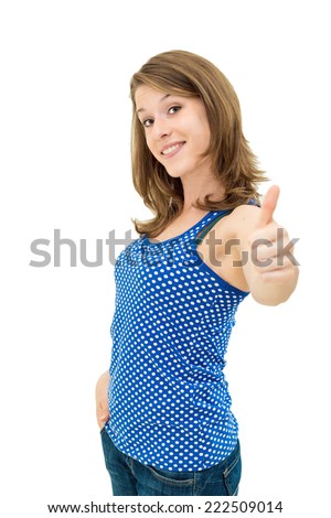 woman giving two thumbs up on white background