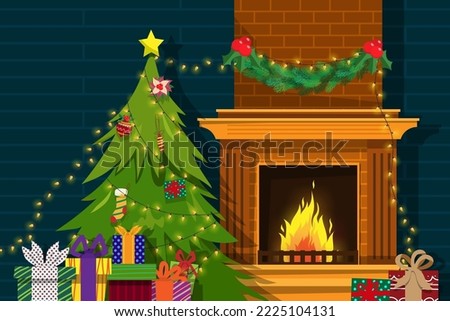 The scene in the room has a Christmas tree. Fireplace and Armchair