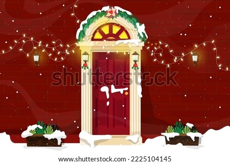 Snow cover door of house on winter season, The door decorated by lightbulb. vector illustration