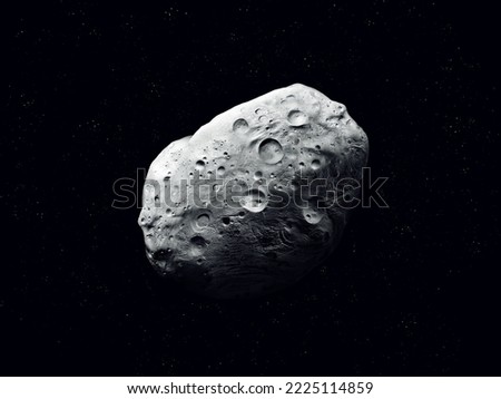 Asteroid surface covered with craters, rocky dwarf planet, stone moon on a black background.