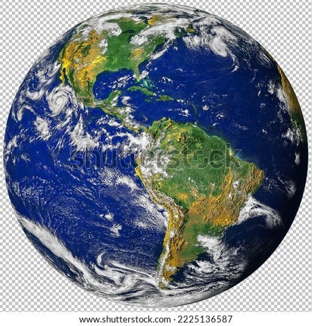 Planet earth globe from space isolated png image, north and south America physical map on a transparent background. Satellite photo. Elements of this image furnished by NASA.  Royalty-Free Stock Photo #2225136587