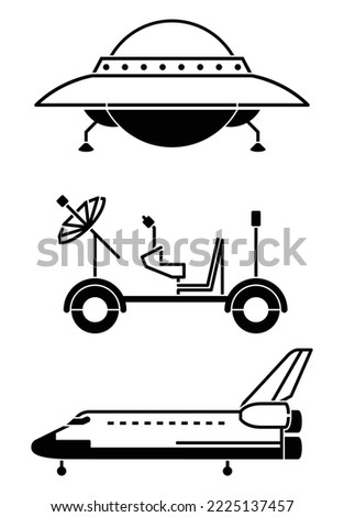 Set of Space transportation, space objects and elements isolated on white background illustration