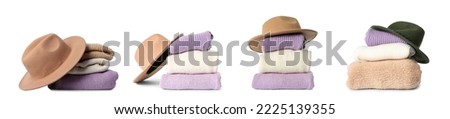Collage of stacked warm sweaters and felt hats on white background