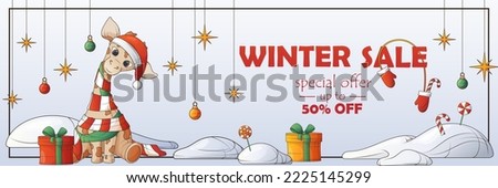 Background for poster, banner template, card, flyer, discount, flyer. Winter vector promo sale banner with illustration of giraffe, gift boxes, snowdrift, toy. 