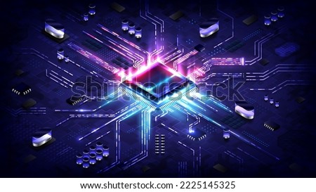 Abstract hardware and software background. Circuit board, Chip processor, Mainboard and code programmer. Hi-tech computer engineer. Cyberpunk tech and database coding. Blue and red neon light effect Royalty-Free Stock Photo #2225145325