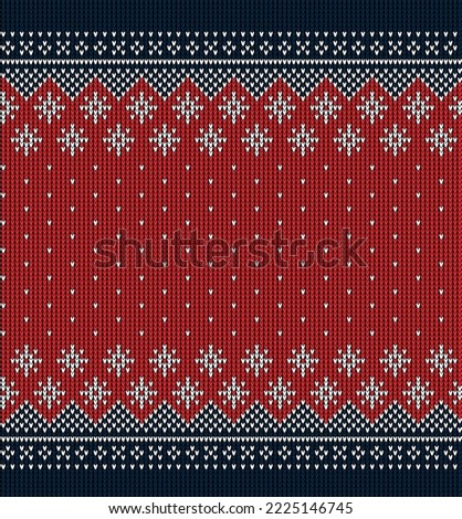 Ugly sweater at Buffalo Plaid Merry Christmas and Happy New Year greeting card frame border . illustration knitted background seamless pattern with folk style scandinavian ornaments. Eps 10