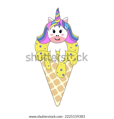 Colorful cute unicorn sitting in ice cream waffle cone with black outline. Design for stickers, cards, posters, t-shirts, invitations, baby shower, birthday, room decor.