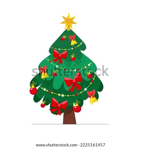 Christmas tree with gift boxes. Decoration balls, bow and light bulb chain decorated christmas tree. Happy New Year. Winter holidays. Flat style vector