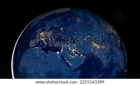 Planet earth photo at night on black background, City Lights of Africa, Europe, and the Middle East from space, World map at night, HD satellite image. Elements of this image furnished by NASA. Royalty-Free Stock Photo #2225163389
