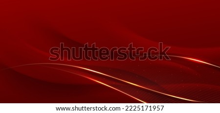 Abstract 3d curved red shape on red background with golden lines lighting effect and sparkle with copy space for text. Luxury design style. Vector illustration