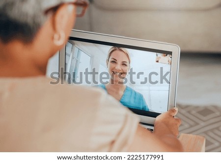 Telehealth, covid and tablet with doctor and patient for consulting, checkup or conversation for health, advice or talk. Healthcare, medical professional or senior woman video call, help or in lounge