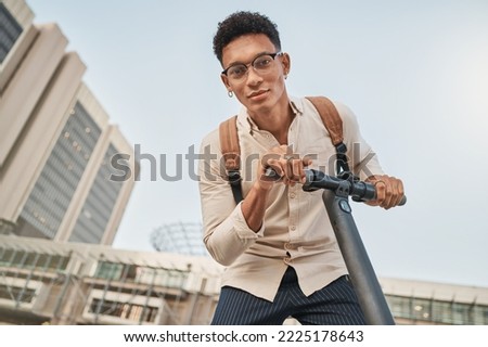 Scooter, city and portrait of a student man for travel and transportation with carbon footprint, eco friendly and urban lifestyle. Young gen z college or university person with an electric scooter