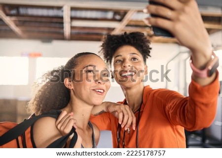 Friends, woman or phone selfie after gym training, workout or exercise for social media, internet post or fitness vlog. Smile, happy or bonding exercise women or people on mobile picture technology
