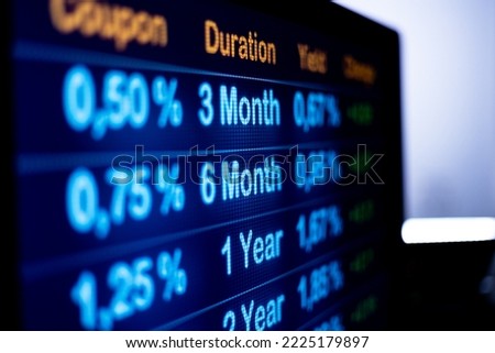 Screen with rising interest rates. Close up computer monitor with rising yields and rates. financial business, mortgage rates, debt financing and banking industry.