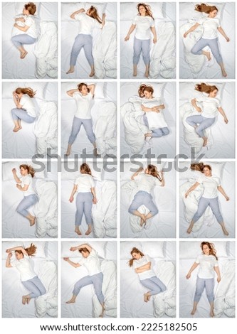 Various poses of a sleeping woman. Female side sleeper fetal position, on the back, on her side, face down on stomach in bed. Deep restful sleep. Girl lying in a nightie pajamas on white bed linen. Royalty-Free Stock Photo #2225182505