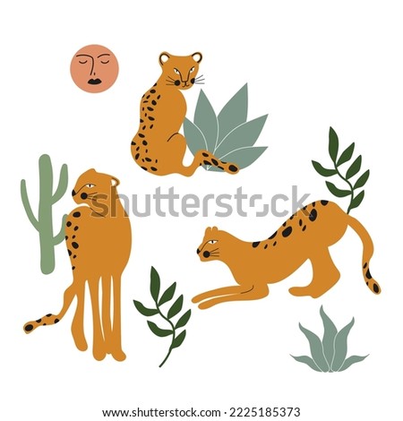 Boho cute leopard illustration and tropical plants, sun. For pattern design, t-shirt prints, stickers, children clothing.