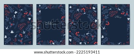 Vertical holiday cards in blue tones. Merry Christmas, holiday templates with ornate Christmas ornament, floral background. Suitable for fabric, cards, invitations, background, menu. Royalty-Free Stock Photo #2225193411