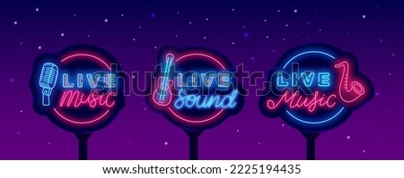 Music festival neon street billboards collection. Live sound sign. Circle frame with guitar, microphone and saxophone. Cafe, restaurant and night club badges. Party labels. Vector stock illustration