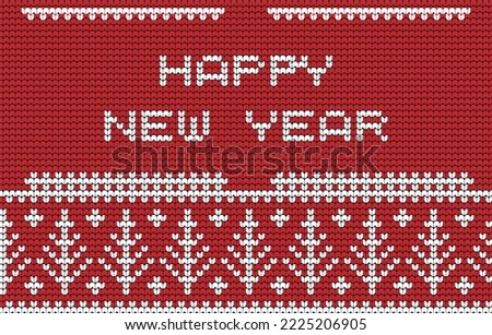 Happy New Year Knitting Merry Christmas tree on Red background Digital vector Design For Print sweater decor Border 