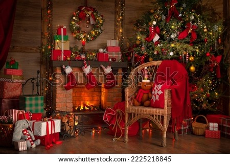 Fireplace and Christmas tree background. Festive interior inside wooden house, New Year's cheerful mood Spirit of Christmas. 