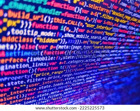 Photo of computer digital background. Abstract computer script  code. Application web source code on monitor. Shallow depth of field, selective focus effect. HTML code on lcd screen
