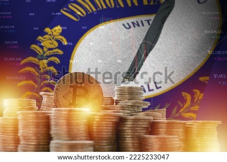 Kentucky US state flag and big amount of golden bitcoin coins and trading platform chart. Crypto currency concept