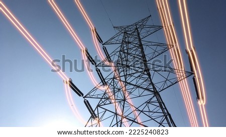 Electricity transmission towers with glowing wires 3d illustration Royalty-Free Stock Photo #2225240823