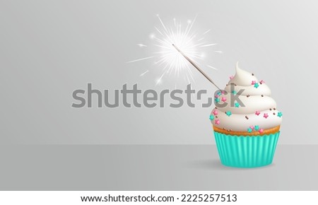 Realistic birthday cupcake with sprinkles and sparkler on background with copy space on the side. 3d vector illustration