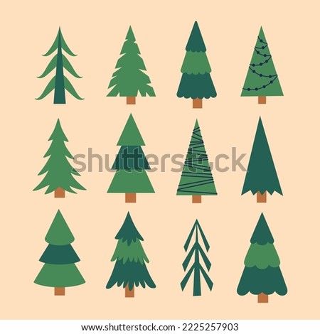 Set with different Christmas trees. Collection for postcards, wrapping paper, textiles.