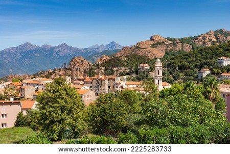 View of Piana village with church tower in mountain landscape of western Corsica, France Royalty-Free Stock Photo #2225283733