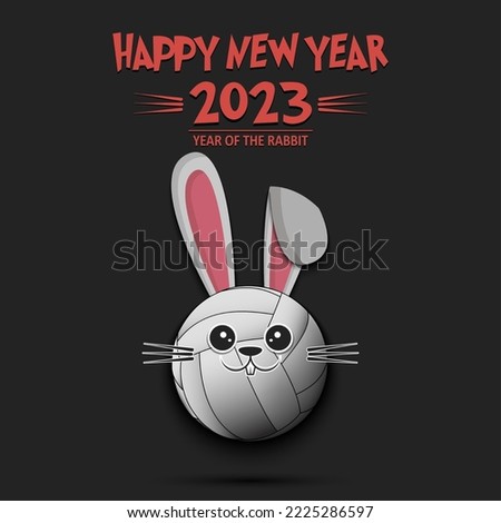 Happy New year. 2023 year of the rabbit. Muzzle bunny in the form of a volleyball ball. Volleyball ball in the form of a hare. Greeting card design template. Vector illustration on isolated background
