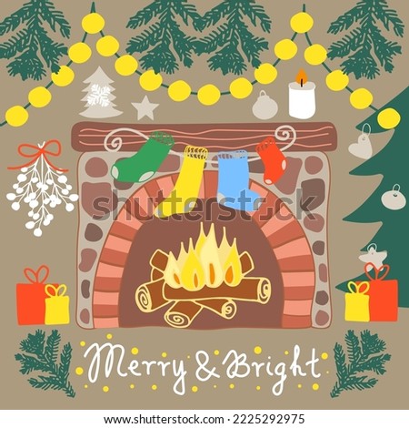 Fireplace Christmas card with lettering saying merry and bright. Cozy Christmas vector illustration.