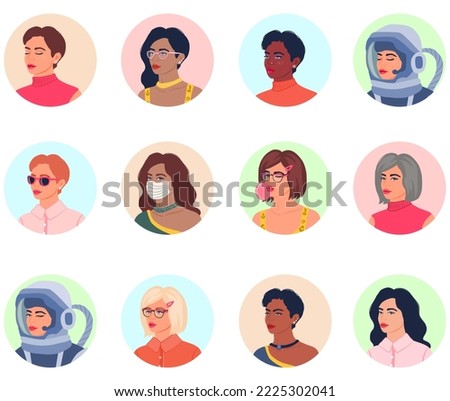 Big set of female round avatars in funky colourful style. Different young women portrait collection. Diverse people. 