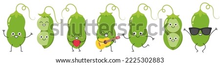 Green pea pod set character cartoon greeting jumping sings love running cute smiling face cheerful kawaii joy happy emotions vector illustration. Royalty-Free Stock Photo #2225302883