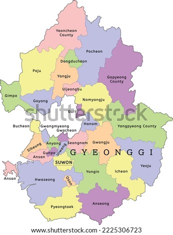 Gyeonggi Province administrative map with cities and counties. Clored. Vectored. Yellow, green, blue, pink, violet, orange Royalty-Free Stock Photo #2225306723